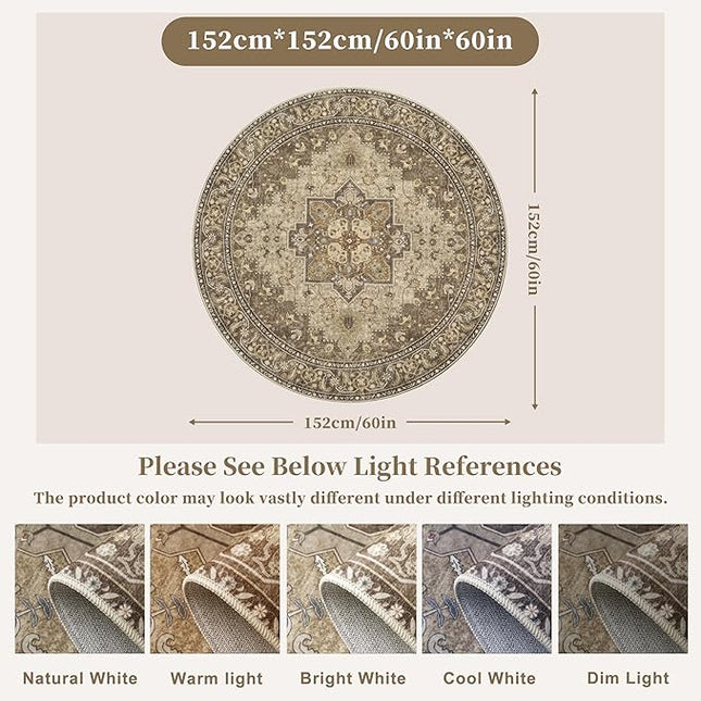 Ciicool Boho 5x5ft Round Area Rug Washable Bedroom Rug Non-Slip Oriental Entryway Throw Rug Low-Pile Indoor Circle Carpet for Dining Room