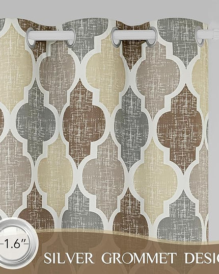 Beauoop 100% Blackout Curtains 90 Inches Long 2 Panels for Bedroom Living Room Brown Grey Moroccan Geo Room Darkening Thermal Insulated Soundproof Grommet Top Window Treatments Drapes, 50x90 Set of 2