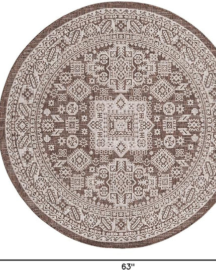 Rugs.com Outdoor Aztec Collection Rug – 5 Ft Round Brown Flatweave Rug Perfect for Kitchens, Dining Rooms
