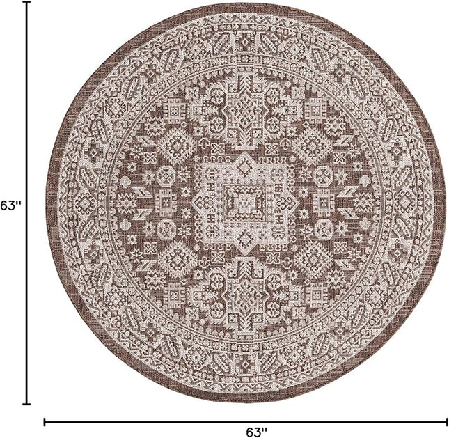 Rugs.com Outdoor Aztec Collection Rug – 5 Ft Round Brown Flatweave Rug Perfect for Kitchens, Dining Rooms
