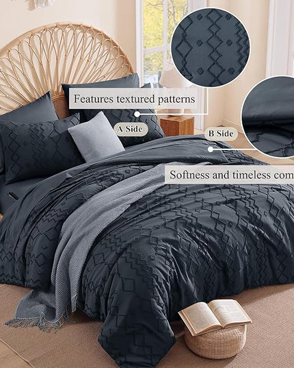 King Size Comforter Set Navy Blue, Tufted Boho Bedding Farmhouse Bed Set, All Season 7 Pieces Bed in a Bag with Sheets, Pillowcases & Shams