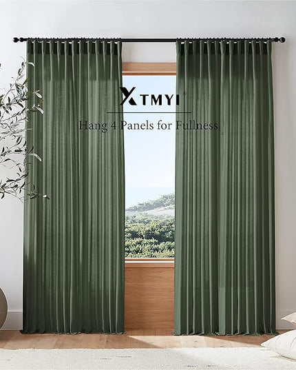 XTMYI 102 Inch Length Olive Green Sheer Linen Curtains 2 Panels Set,Hook Belt Pleated Back Tab Cotton Polyester Blend Light Filtering Semi Sheer Curtain Drapes for Living Room Bedroom,50x102 in Long