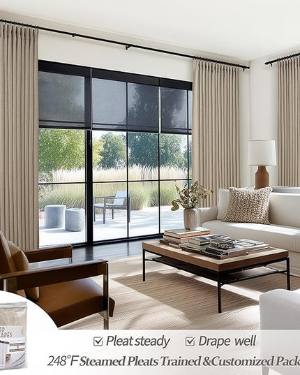 Memory Trained Pinch Pleated Blackout Bedroom Curtains 94 Inch Long 2 Panels Set, Linen Dual Layer Light Brown Soundproof Farmhouse Window Drapes for Living Room with Hooks & Rings Back Tab 40W x 94L