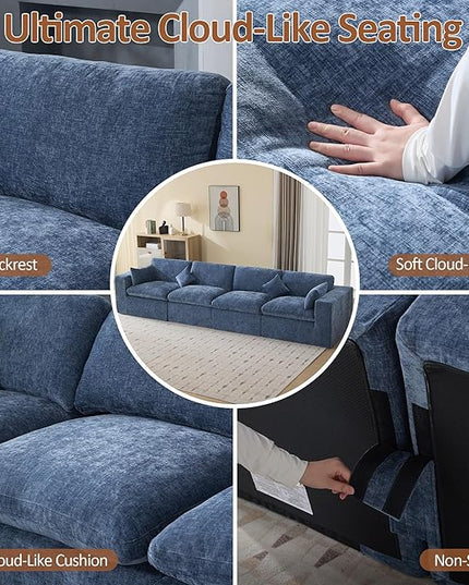 155''Cloud Boneless Sectional Couch, Modular Sectional Sofa Deep Seat, Oversized Upholstered Convertible Comfy 4 Seater Chenille Memory Foam Sofa Couches for Living Room, Blue