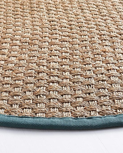 SAFAVIEH Area Rug 6' Round - Natural Fiber Collection - Natural & Light Blue, Seagrass, Basketweave Pattern with Border (NF114M)