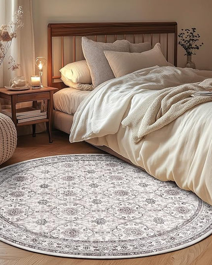 jinchan Round Rug 4ft Washable Circle Soft Rug - Low Pile Vintage 4'Round Indoor Beige Floral Print Stain Resistant Boho Carpet Ultra-Thin Non-Slip for Entryway Nursery Bedroom Dining Room Kitchen