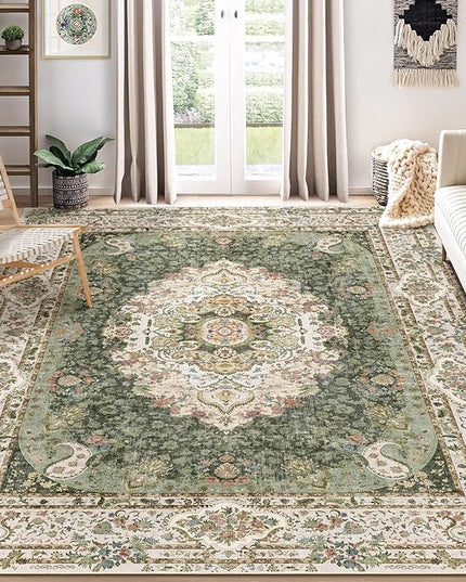 8x10 Area Rugs Washable,Green Rug for Living Room Bedroom Dining Room,Large Boho Vintage Bohemian Distressed Carpet Non Slip,Floral
