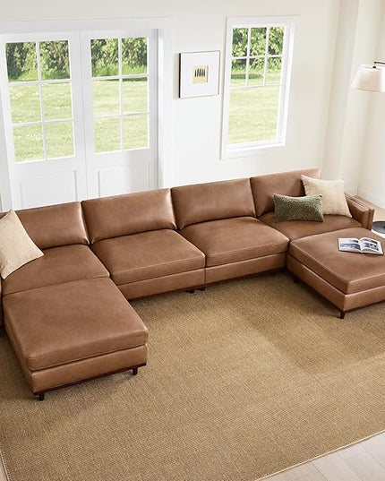 CHITA 153" Super Large Luxury U Shape Convertible Sectional Modular Sofa, Down Filled Modern Sofa, Deep Seat Cloud Couch, 6 Seat Couch with Chaise, 2 Ottomans, Solid Wood Leg, Faux Leather in Camel