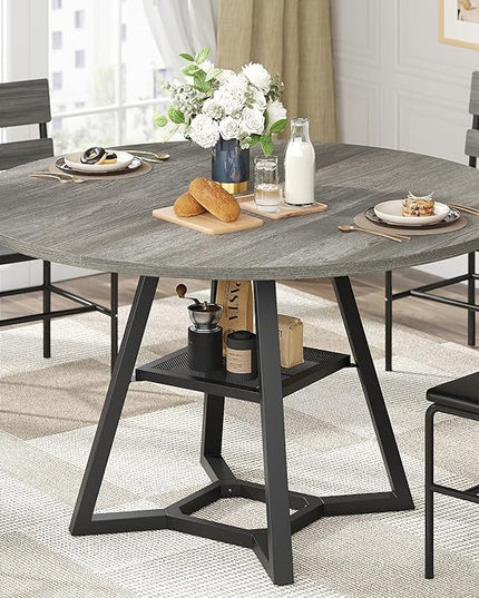 Round Dining Table for 4, Kitchen Tables Dining Room Circle Dinner Table with Pedestal Metal Frame, Space Saving Wood Industrial Kitchen & Dining Room Tables, Grey 47In