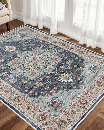 Washable Oriental Area Rug - 3x5 Rugs for Living Room Soft Carpet for Bedroom Waterproof Floral Distressed Indoor Stain Resistant Non-Shedding Floor Carpets (Blue/Teal/Orange, 3x5)