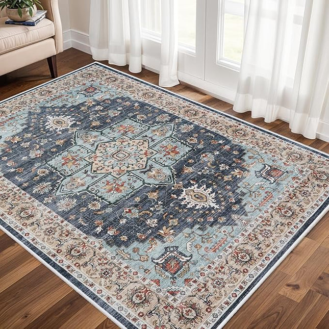 Washable Oriental Area Rug - 3x5 Rugs for Living Room Soft Carpet for Bedroom Waterproof Floral Distressed Indoor Stain Resistant Non-Shedding Floor Carpets (Blue/Teal/Orange, 3x5)