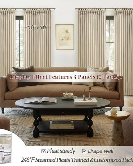 Heavy Natural Linen 100% Light Blocking Curtains & Drapes 96 Inches Long 2 Panels Set for Bedroom, Neutral Pinch Pleated Black Out Thermal Warm Beige Curtain for Summer Heat Energy Efficient 40W x 96L