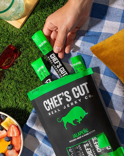 Chef’s Cut Real Snack Sticks | High Protein Meat Snack Sticks with 8g Protein, Gluten Free, Keto-Friendly| Premium Smoked Beef & Pork Blend | Jalapeño Heat | 1 oz Stick (12-Count Bag)