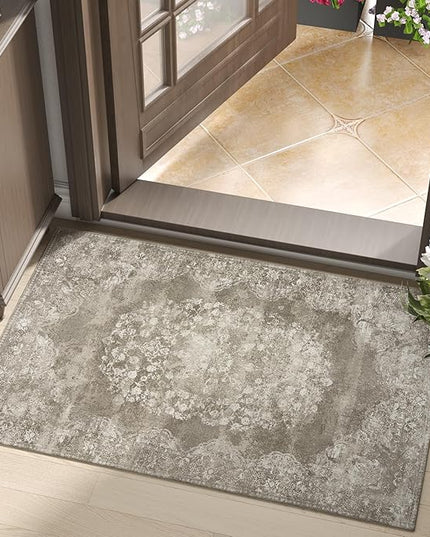 jinchan Floral 2x3 Rug for Entryway - Vintage Washable Area Rug Ultra-Thin Low Pile Soft Small Non-Slip Distressed Indoor Doormat Accent for Entrance Kitchen Bedroom Bathroom (2x3ft, Brown)