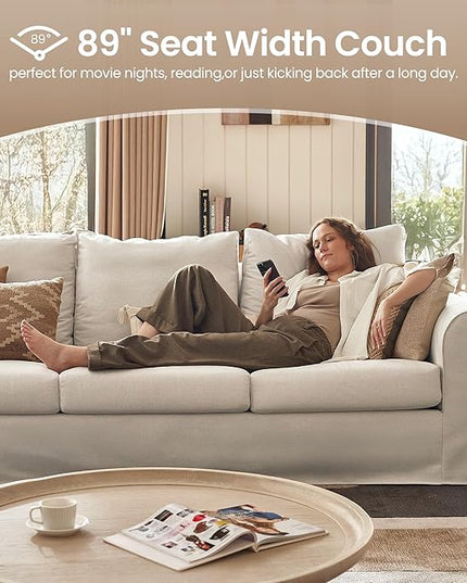 89" 3-Seater Couch, Farmhouse Slipcovered Sofa with Washable Cover, Supportive Cushions & Sturdy Frame, Rolled Arm Beige Couches for Living Room, Small Spaces, Apartment, Office, Easy Assembly