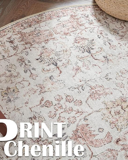 jinchan Kalen Round Rug 6ft Area Rug Washable Vintage Indoor Retro Accent Floor Cover Distressed Floral 6' Round Circle Boho Non Slip Thin Carpet for Living Room Dining Room Bedroom Kitchen Red