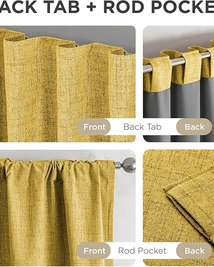 Joydeco Blackout Curtains for Bedroom - 72 Inch Long 100% Light Blocking 2 Panels Set Yellow Drapes, Thermal Insulated Room Darkening Curtains, Linen Textured for Living Room, Rod Pocket & Back Tabs