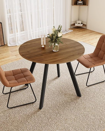 34.6'' Dining Table and Chairs for 2, Mid Century Modern Round Table Set, Space Saving for Apartment Kitchen Dining Room (Walnut Table+2 U-Shaped Brown Chairs)