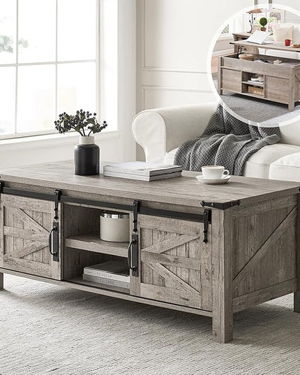 OKD 48" Farmhouse Lift Top Coffee Table with Sliding Barn Door, Rustic Center Table w/Hidden Storage Compartment, Lift Tabletop Dining Table w/Adjustable Shelf for Living Room,Light Rustic Oak
