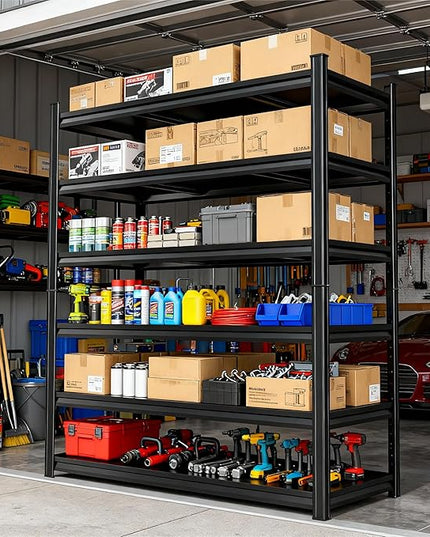 Storage Shelves, Garage Metal Shelving Unit, Adjustable, Double-Layer Column with Reinforced Ribs, Heavy-Duty, Capable of Bearing 600-3600 lbs (Black, 45''W*20''D*77''H, 6-Tier)