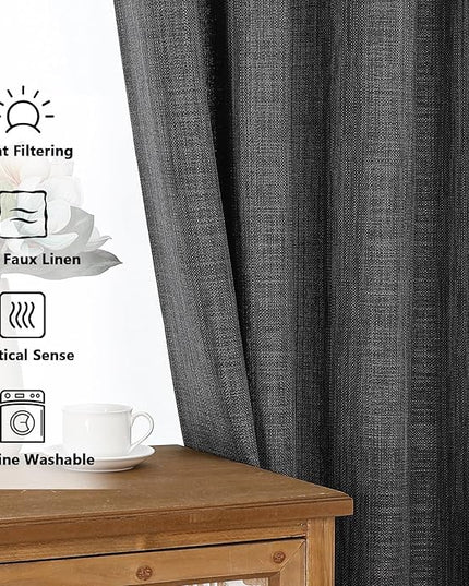 Chyhomenyc Coal Black Curtains 54 Inch Length 2 Panels for Living Room, Light Filtering Faux Linen Textured Solid Window Curtains, Modern Soft Grommet Drapes for Bedroom, 40Wx54L, 2PCS