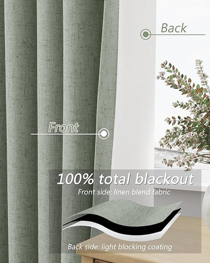 Guken Blackout Curtains 96 Inch Length 2 Panels Set for Living Room Bedroom Back Tab Thermal Insulated 100% Black Out Linen Drapes Room Darkening Window Curtains 96 Inches Long,Desert Sage