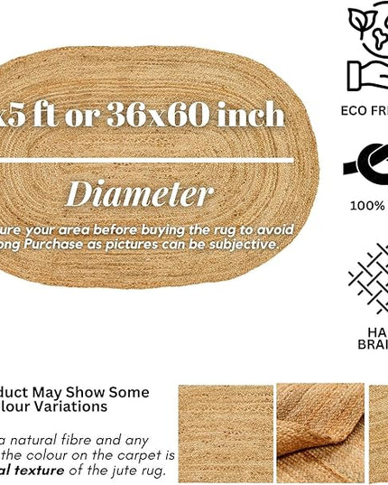 Hand Woven Jute Area Rug - 3' x 5' Feet - Rustic Beige Reversible Oval Rugs for Bedroom, Kitchen, Living Room - Vintage Natural Braided Entry Floor Décor Boho Oval Rugs 3x5 Feet