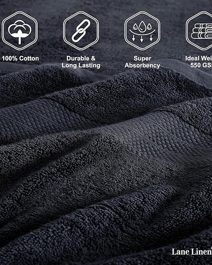 LANE LINEN 100% Cotton Luxury Towel Set for Bathroom - 16 Pieces, Ring Spun - Super Plush, Very Soft & Absorbent - 4 Bath Towels, 8 Washcloths, 4 Hand Towels - Suitable for All Skin Types - Black