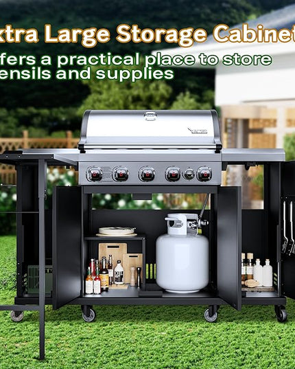 Brand-Man Propane Gas Grill Island Outdoor Kitchen & Storage Cabinets, 52000 BTUs Stainless Steel Burner Patio Cooking BBQ Grill with Side Burner - Natural Gas Convertible, Black (5 Burner)