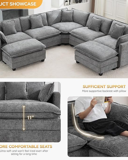 137'' V Shaped Cloud Sectional Sofa, Oversized Deep Seat Couches for Living Room, Chenille Comfy Upholstered Modular Sectional Sofa Couch with 2 Movable Ottoman, Grey