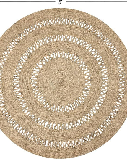 REDEARTH · Round Area Rug - 5 Feet Braided Scalloped Earthy Trails Jute Rug- Artisan Made Boho Jute Patterned Rugs for Bedroom, Kitchen, Living Room, Farmhouse, Aesthetic, Handmade Vintage Décor