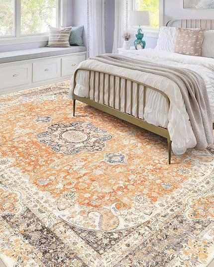 5x7 Area Rugs Washable,Boho Rug for Living Room Bedroom Kitchen,Large Vintage Bohemian Farmhouse Distressed Carpet Non Slip,Retro Orange Grey Floral