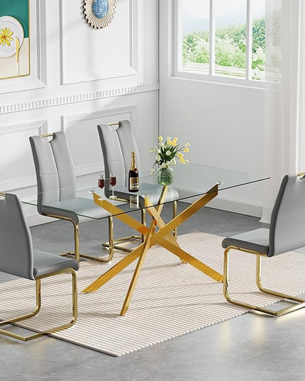 HomVent 5 Piece Rectangular Glass Dining Table Set, Rectangular Glass Kitchen Table Set for 4 with 4 PU Upholstered Dining Chairs for Kitchen Dining Room