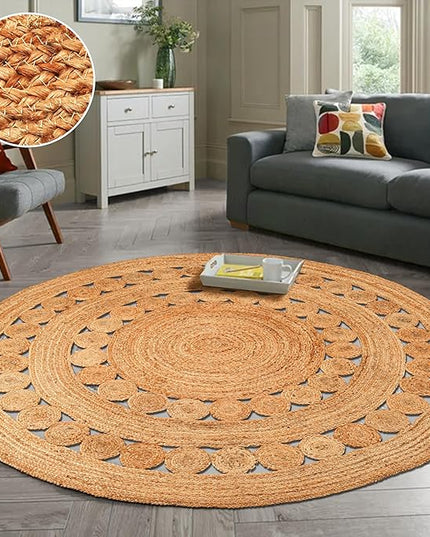 Hand Woven Jute Area Rug - 7' Round - Rustic Beige Reversible Farmhouse Rugs for Bedroom, Kitchen, Living Room - Vintage Natural Braided Entry Floor Décor Circle Boho Round Rugs 7ft