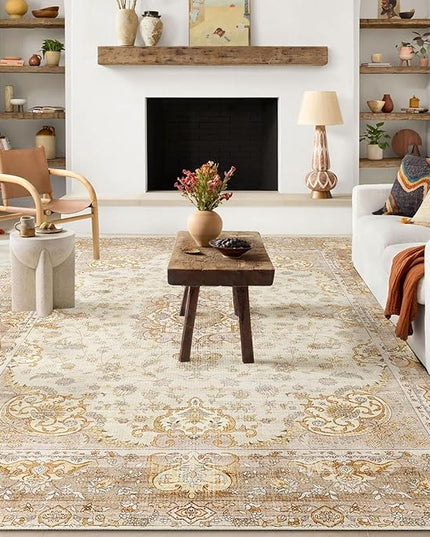 Beige Rug 6'x9' Area Rugs,Boho Washable Rug for Living Room Bedroom Dining Room,Large Vintage Bohemian Distressed Oriental Carpet Non Slip,Retro Gold Floral