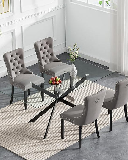 HomVent 5 Piece Rectangular Glass Dining Table Set, Tempered Glass Dinner Table Set for 4 Kitchen Table Set with 4 Velvet Upholstered Chairs for Kitchen Dining Room