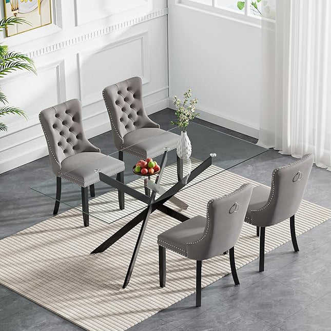 HomVent 5 Piece Rectangular Glass Dining Table Set, Tempered Glass Dinner Table Set for 4 Kitchen Table Set with 4 Velvet Upholstered Chairs for Kitchen Dining Room