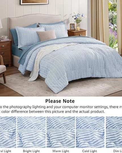 King Comforter Set - 7 Pieces Blue Gauze Muslin Bedding Sets for All Seasons, Lightweight Breathable Bed in a Bag King with Revesible Farmhouse Comforter, Sheets, Pillowcases & Shams
