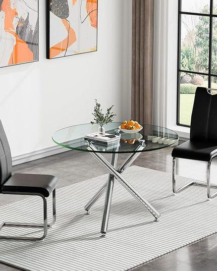 HomVent Round Glass Dining Table Set for 2, 3-Piece Modern Kitchen Table Set with 2 PU Upholstered Chair for Kitchen Dining Room, Glass Dining Room Table Set