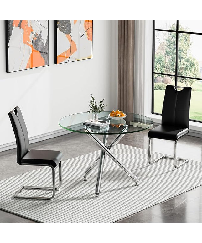 HomVent Round Glass Dining Table Set for 2, 3-Piece Modern Kitchen Table Set with 2 PU Upholstered Chair for Kitchen Dining Room, Glass Dining Room Table Set