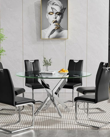 HomVent Round Glass Dining Table Set for 6, 7-Piece Modern Kitchen Table Set with 6 PU Upholstered Chair for Kitchen Dining Room, Glass Dining Room Table Set