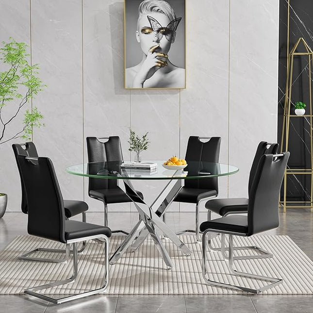 HomVent Round Glass Dining Table Set for 6, 7-Piece Modern Kitchen Table Set with 6 PU Upholstered Chair for Kitchen Dining Room, Glass Dining Room Table Set
