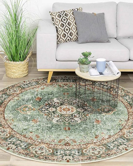Green Round Rug 5ft, Circle Boho Area Rugs for Bedroom Living Room,Washable Vintage Bohemian Distressed Oriental Floral Carpet Non Slip,Sage