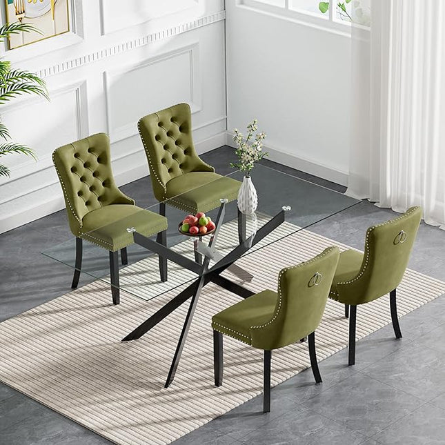 HomVent 5 Piece Rectangular Glass Dining Table Set, Tempered Glass Dinner Table Set for 4 Kitchen Table Set with 4 Velvet Upholstered Chairs for Kitchen Dining Room