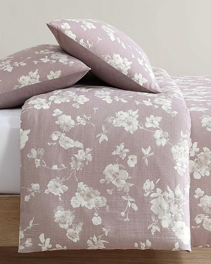 Calvin Klein - Queen Duvet Cover Set, 100% Soft Cotton Gauze Bedding, Button Closure & Inner Corner Ties, 3 Piece Bed Set with Matching Pillowcases (Eternity Floral Pink)