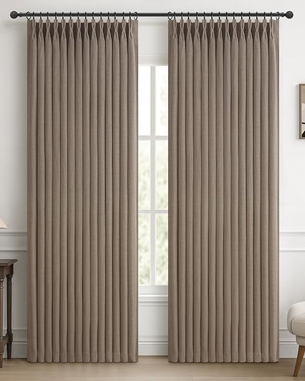 Double Layer Thick Burlap Viral Pinch Pleated Drapes 84 Inch Length 2 Panels Set for Living Room, Country Farmhouse Memory Trained Blackout Linen Curtains UV Blocking 40 x 84 Inches Tan Window Curtain