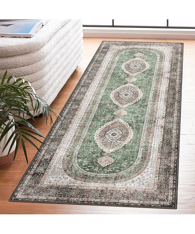 Washable Runner Rug 2x6,Green Rug Runners Non Slip,Long Boho Rugs for Hallways Kitchen Bedroom Entryway Bathroom,Vintage Bohemian Distressed Oriental Floor Carpet