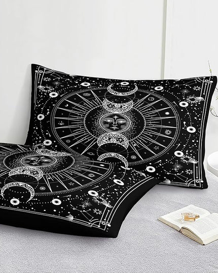Bedbay Sun and Moon Comforter Set Queen Size Boho Hippie Bedding,Trippy Cosmos Celestial Decor Soft Cozy Galaxy Bed Set 8 Pcs Queen Bed in a Bag Black and White Galaxy Comforter Set(White,Queen)