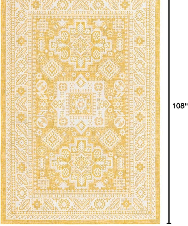 Rugs.com Outdoor Aztec Collection Rug – 6' x 9' Yellow Flatweave Rug Perfect for Living Rooms, Large Dining Rooms, Open Floorplans