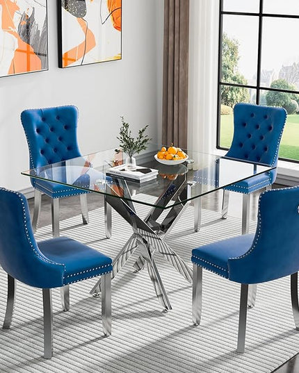 Glass Dining Table Set for 4, Square 36" Dining Table with Silver Cross Metal Leg, 4 Blue Velvet Dining Chairs with Stainless Steel Legs, Modern Glass Kitchen Table and Chairs Set for Small Space